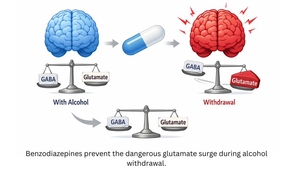 Diagram showing how benzodiazepines restore GABA balance during alcohol withdrawal
