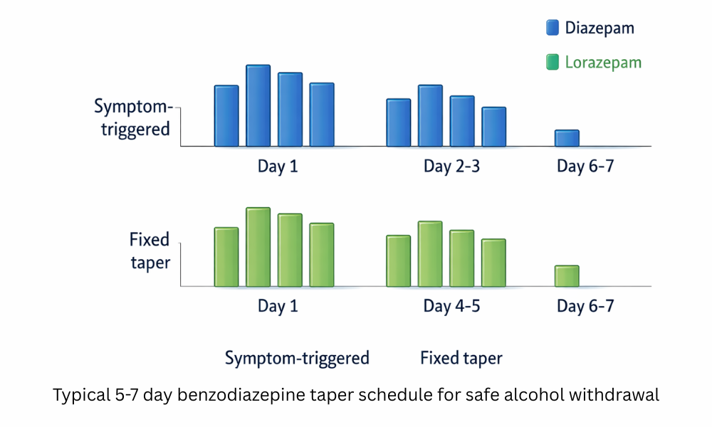 Benzodiazepine dosing schedule for alcohol withdrawal over 5-7 days